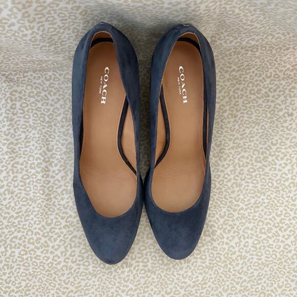Coach Rileigh Suede Wedges Heels Leather Midnight Navy Blue Size 9B - Picture 4 of 8